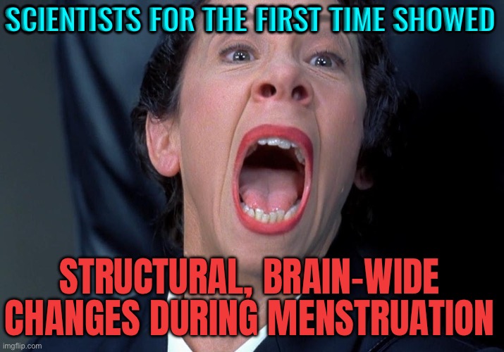 Scientists For The First Time Showed Structural, Brain-Wide Changes During Menstruation | SCIENTISTS FOR THE FIRST TIME SHOWED; STRUCTURAL, BRAIN-WIDE CHANGES DURING MENSTRUATION | image tagged in frau farbissina,mental health,news,menstruation,science,men vs women | made w/ Imgflip meme maker