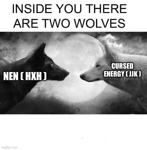Inside you there are two wolves | CURSED ENERGY ( JJK ); NEN ( HXH ) | image tagged in inside you there are two wolves,memes,hunter x hunter,jujutsu kaisen,anime meme,animeme | made w/ Imgflip meme maker