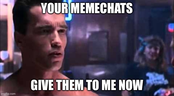 Memechats | YOUR MEMECHATS; GIVE THEM TO ME NOW | image tagged in terminator give them to me now | made w/ Imgflip meme maker