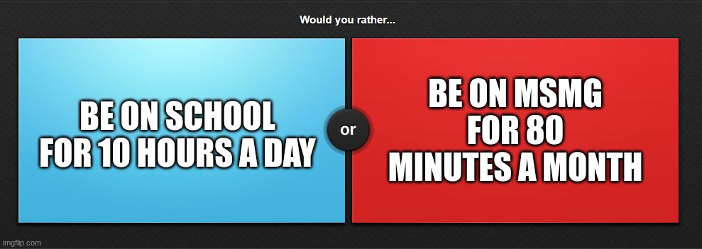 school or msmg? | BE ON MSMG FOR 80 MINUTES A MONTH; BE ON SCHOOL FOR 10 HOURS A DAY | image tagged in would you rather,memes,school,msmg,question,choose | made w/ Imgflip meme maker