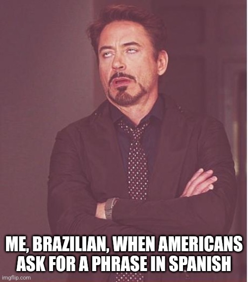 Face You Make Robert Downey Jr | ME, BRAZILIAN, WHEN AMERICANS ASK FOR A PHRASE IN SPANISH | image tagged in memes,face you make robert downey jr | made w/ Imgflip meme maker
