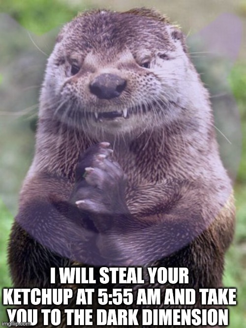 Evil Otter Meme | I WILL STEAL YOUR KETCHUP AT 5:55 AM AND TAKE YOU TO THE DARK DIMENSION | image tagged in memes,evil otter | made w/ Imgflip meme maker