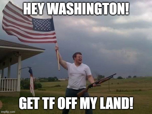 America | HEY WASHINGTON! GET TF OFF MY LAND! | image tagged in american flag shotgun guy | made w/ Imgflip meme maker