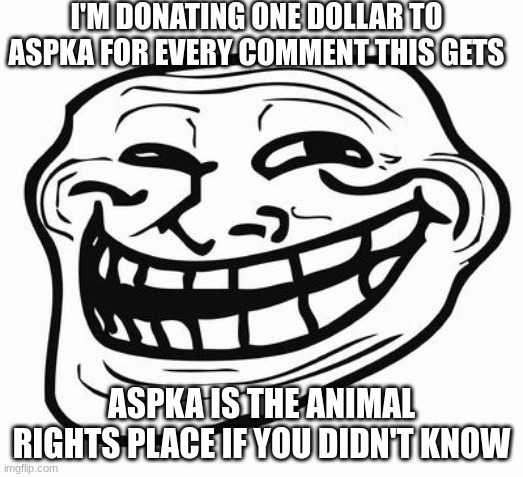 i'm feeling generous | I'M DONATING ONE DOLLAR TO ASPKA FOR EVERY COMMENT THIS GETS; ASPKA IS THE ANIMAL RIGHTS PLACE IF YOU DIDN'T KNOW | image tagged in xd | made w/ Imgflip meme maker