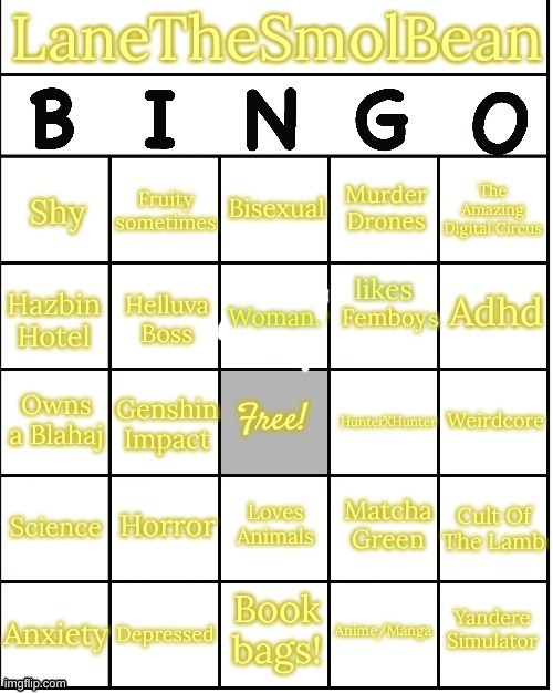 Updated LaneTheSmolBean2 Bingo! | image tagged in updated lanethesmolbean2 bingo | made w/ Imgflip meme maker