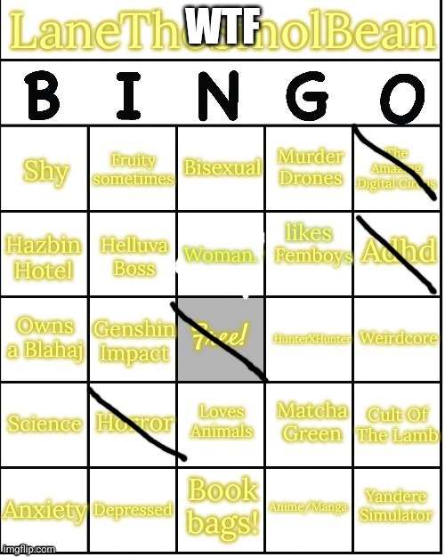 Updated LaneTheSmolBean2 Bingo! | WTF | image tagged in updated lanethesmolbean2 bingo | made w/ Imgflip meme maker