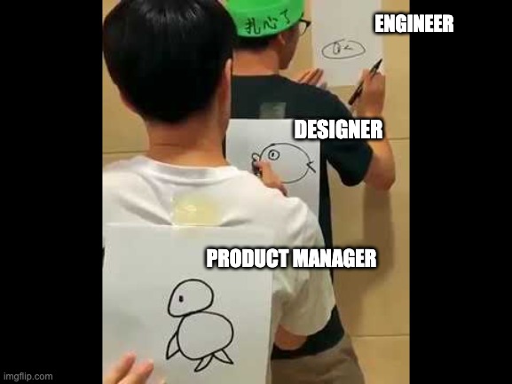 waterfall development | ENGINEER; DESIGNER; PRODUCT MANAGER | image tagged in drawing on back,productmanagement,waterfalldevelopment,tech,pm,uxdesign | made w/ Imgflip meme maker