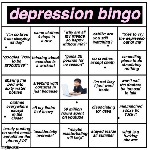 i used to have almost all of these checked in 2021 | image tagged in depression bingo | made w/ Imgflip meme maker