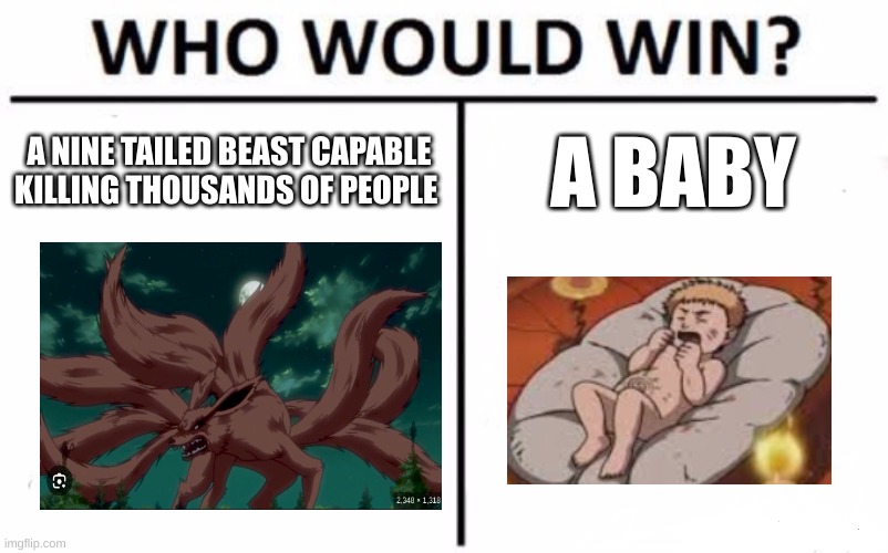 Who Would Win? | A NINE TAILED BEAST CAPABLE KILLING THOUSANDS OF PEOPLE; A BABY | image tagged in memes,who would win | made w/ Imgflip meme maker