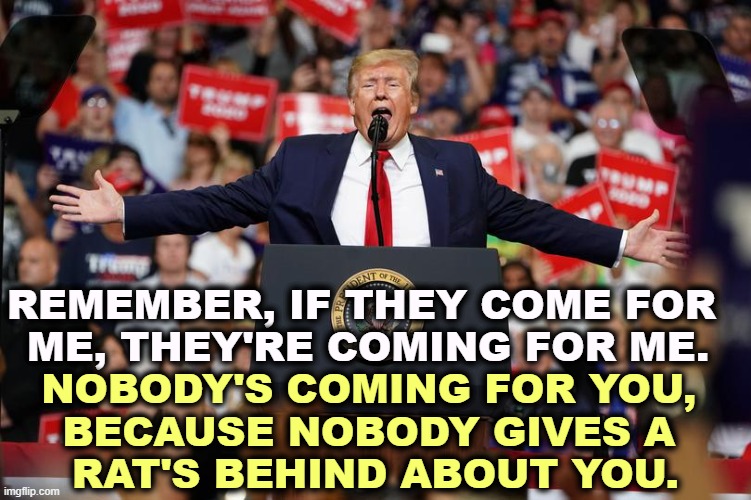 It doesn't matter what I say, please send money. | REMEMBER, IF THEY COME FOR 
ME, THEY'RE COMING FOR ME. NOBODY'S COMING FOR YOU, 
BECAUSE NOBODY GIVES A 
RAT'S BEHIND ABOUT YOU. | image tagged in trump rally 2,trump,threat,warning,fear,lies | made w/ Imgflip meme maker