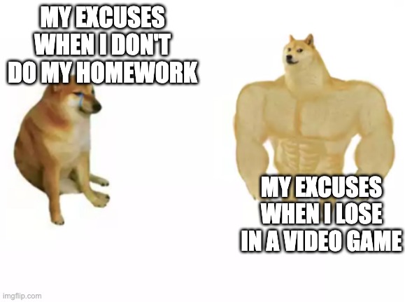the aerodynamics of the 18 dust specks temporary blinded me for 18.63 nanoseconds, in which he shot me. | MY EXCUSES WHEN I DON'T DO MY HOMEWORK; MY EXCUSES WHEN I LOSE IN A VIDEO GAME | image tagged in buff doge vs cheems reversed,gaming,homework,excuses | made w/ Imgflip meme maker