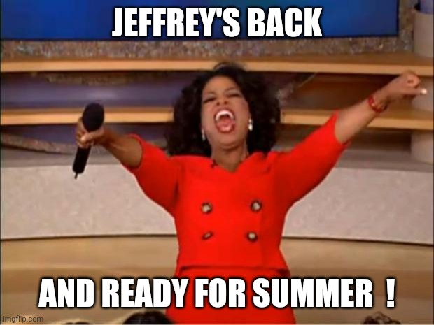 He's bikini ready  ! | JEFFREY'S BACK; AND READY FOR SUMMER  ! | image tagged in memes,oprah you get a,jeffrey | made w/ Imgflip meme maker