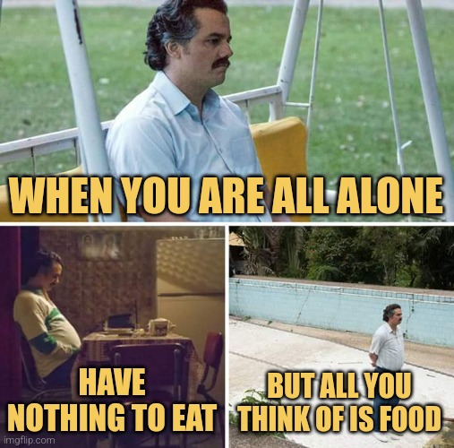 Sad Pablo Escobar | WHEN YOU ARE ALL ALONE; HAVE NOTHING TO EAT; BUT ALL YOU THINK OF IS FOOD | image tagged in memes,sad pablo escobar | made w/ Imgflip meme maker
