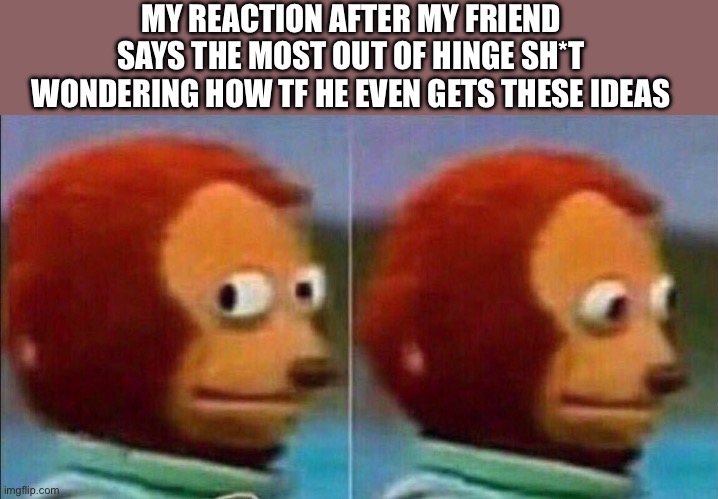 Monkey looking away | MY REACTION AFTER MY FRIEND SAYS THE MOST OUT OF HINGE SH*T WONDERING HOW TF HE EVEN GETS THESE IDEAS | image tagged in monkey looking away | made w/ Imgflip meme maker