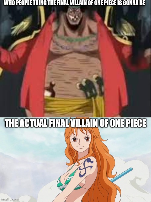 WHO PEOPLE THING THE FINAL VILLAIN OF ONE PIECE IS GONNA BE; THE ACTUAL FINAL VILLAIN OF ONE PIECE | image tagged in blackbeard,one piece,nami | made w/ Imgflip meme maker