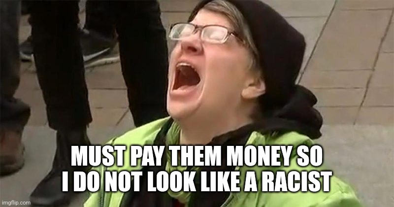 crying liberal | MUST PAY THEM MONEY SO I DO NOT LOOK LIKE A RACIST | image tagged in crying liberal | made w/ Imgflip meme maker