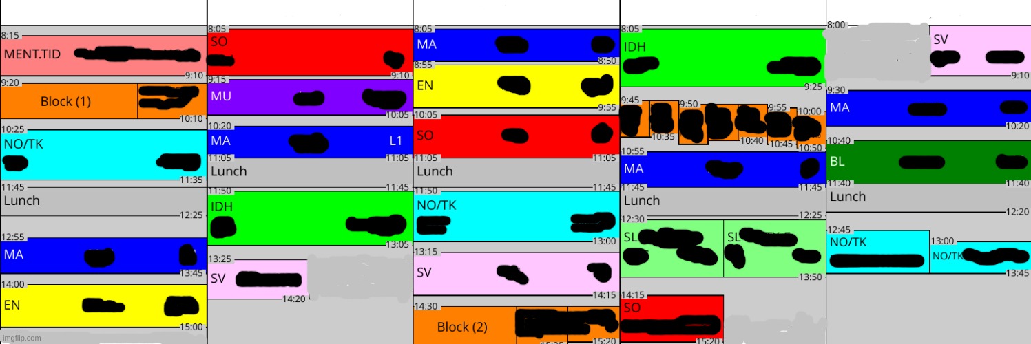 My school schedule. Orange is spanish btw, and I censored all the teachers names. | made w/ Imgflip meme maker