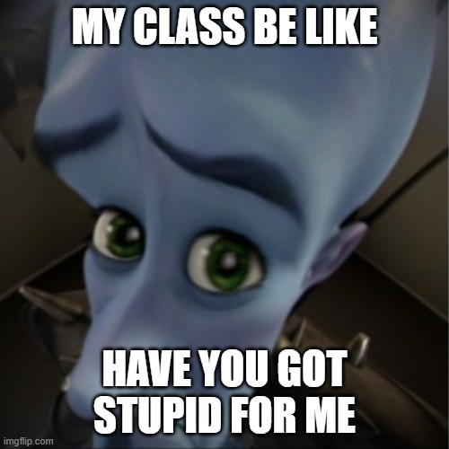 Megamind peeking | MY CLASS BE LIKE; HAVE YOU GOT STUPID FOR ME | image tagged in megamind peeking | made w/ Imgflip meme maker