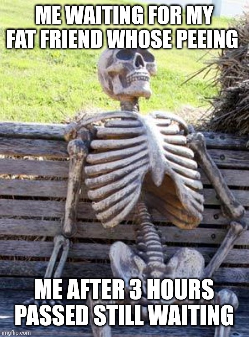 Waiting Skeleton Meme | ME WAITING FOR MY FAT FRIEND WHOSE PEEING; ME AFTER 3 HOURS PASSED STILL WAITING | image tagged in memes,waiting skeleton | made w/ Imgflip meme maker