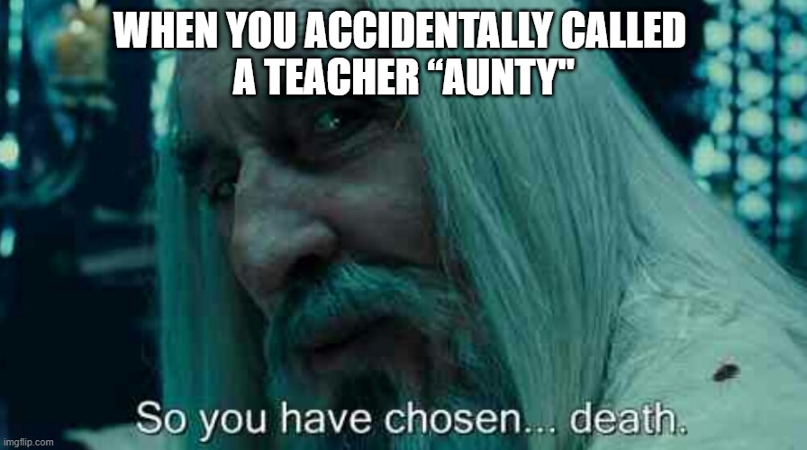 when you accidentally called a teacher... | WHEN YOU ACCIDENTALLY CALLED 
A TEACHER “AUNTY" | image tagged in so you have chosen death | made w/ Imgflip meme maker