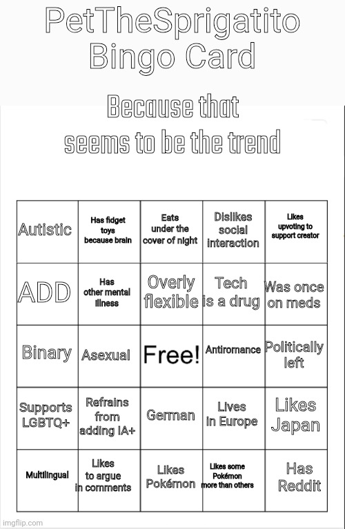 Feel free | PetTheSprigatito Bingo Card; Because that seems to be the trend; Eats under the cover of night; Has fidget toys because brain; Likes upvoting to support creator; Autistic; Dislikes social interaction; Overly flexible; ADD; Tech is a drug; Was once on meds; Has other mental illness; Antiromance; Binary; Politically left; Asexual; Supports LGBTQ+; Refrains from adding IA+; Likes Japan; Lives in Europe; German; Likes to argue in comments; Has Reddit; Multilingual; Likes Pokémon; Likes some Pokémon more than others | image tagged in blank bingo | made w/ Imgflip meme maker