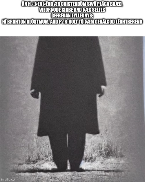 ĀN HǢÞEN ÞĒOD ÆR CRISTENDŌM SWĀ PLĀGA BRÆD,
WEORÞODE SIBBE AND ÞÆS SELFES GEFRĒDAN FYLLEDNYS;
HĪ BROHTON BLŌSTMUM, AND FȲR-HOLT TŌ ÞÆM GEHĀLGOD LĒOHTBEREND | made w/ Imgflip meme maker