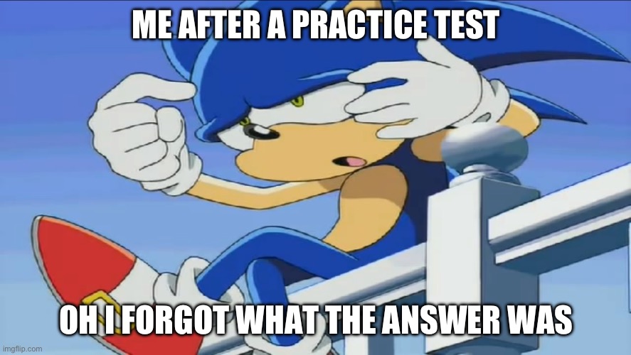 School | ME AFTER A PRACTICE TEST; OH I FORGOT WHAT THE ANSWER WAS | image tagged in sonic can't remember - sonic x | made w/ Imgflip meme maker
