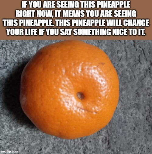 post this apple when they least expect it | IF YOU ARE SEEING THIS PINEAPPLE RIGHT NOW, IT MEANS YOU ARE SEEING THIS PINEAPPLE. THIS PINEAPPLE WILL CHANGE YOUR LIFE IF YOU SAY SOMETHING NICE TO IT. | image tagged in post this apple when they least expect it | made w/ Imgflip meme maker