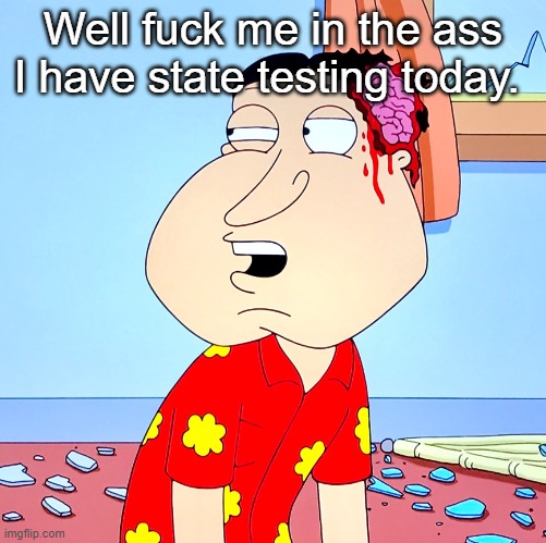 Massive Head Wound | Well fuck me in the ass I have state testing today. | image tagged in massive head wound | made w/ Imgflip meme maker