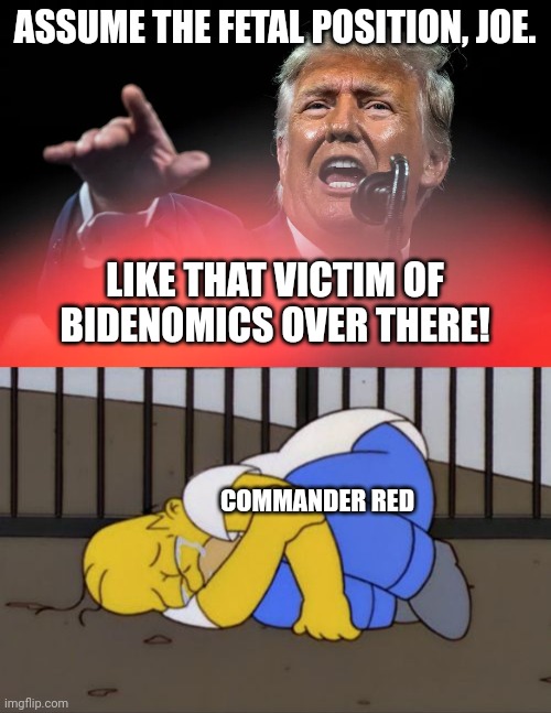 ASSUME THE FETAL POSITION, JOE. LIKE THAT VICTIM OF BIDENOMICS OVER THERE! COMMANDER RED | image tagged in assume the fetal position,fetal position homer | made w/ Imgflip meme maker