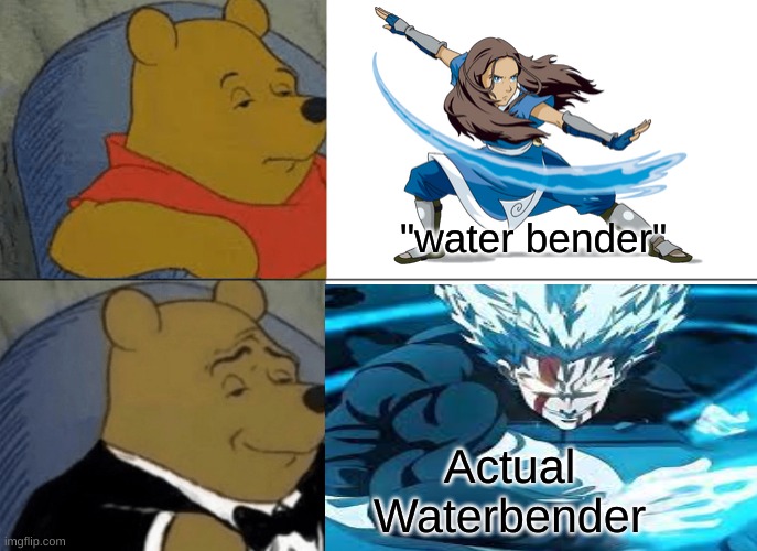 garou vs avatar | "water bender"; Actual Waterbender | image tagged in memes,tuxedo winnie the pooh,garou,one punch man | made w/ Imgflip meme maker