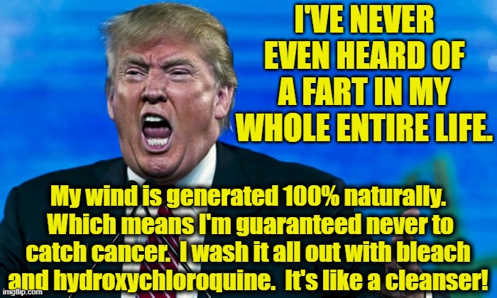 Trump Rage | I'VE NEVER EVEN HEARD OF A FART IN MY WHOLE ENTIRE LIFE. My wind is generated 100% naturally.  Which means I'm guaranteed never to catch can | image tagged in trump rage | made w/ Imgflip meme maker