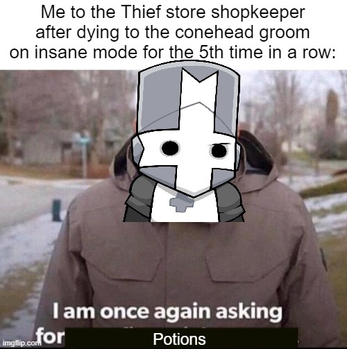 Why is he so difficult | Me to the Thief store shopkeeper after dying to the conehead groom on insane mode for the 5th time in a row:; Potions | image tagged in bernie i am once again asking for your support,castle crashers | made w/ Imgflip meme maker