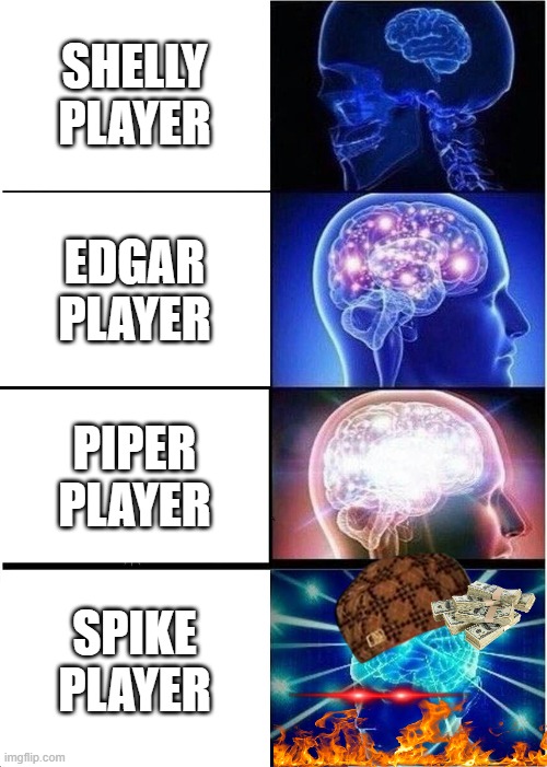 Expanding Brain | SHELLY PLAYER; EDGAR PLAYER; PIPER PLAYER; SPIKE PLAYER | image tagged in memes,expanding brain | made w/ Imgflip meme maker