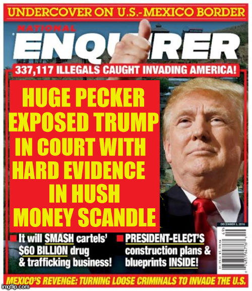 Trump HUGE Pecker | HUGE PECKER EXPOSED TRUMP; IN COURT WITH HARD EVIDENCE; IN HUSH MONEY SCANDLE | image tagged in trump hush money,trump pron star,david pecker,national enquirer,maga fun money,catch and kill | made w/ Imgflip meme maker