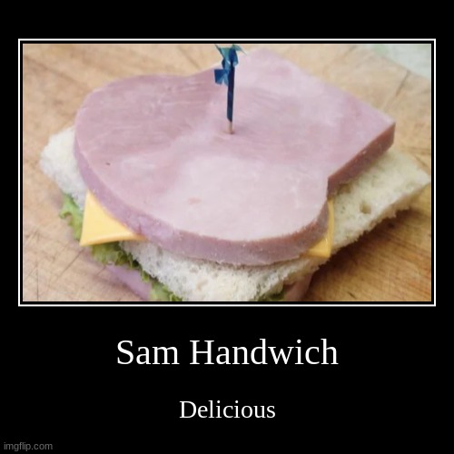Sam Handwich | Delicious | image tagged in funny,demotivationals | made w/ Imgflip demotivational maker