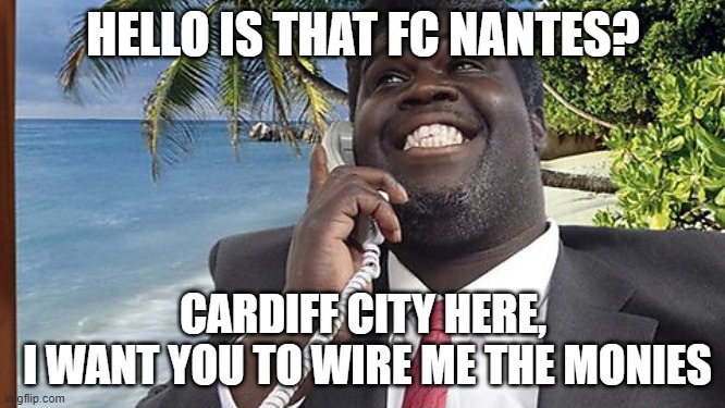 FC NANTES CARIDFF CITY | HELLO IS THAT FC NANTES? CARDIFF CITY HERE,
 I WANT YOU TO WIRE ME THE MONIES | image tagged in ccfc,fc nantes,cardiff city | made w/ Imgflip meme maker