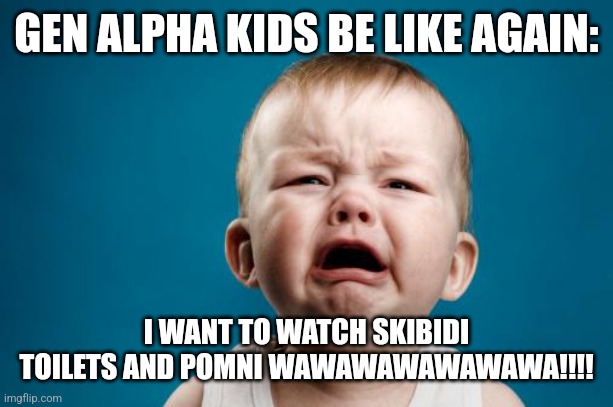 GEN ALPHA KIDS BE LIKE AGAIN: I WANT TO WATCH SKIBIDI TOILETS AND POMNI WAWAWAWAWAWAWA!!!! | image tagged in crybaby | made w/ Imgflip meme maker