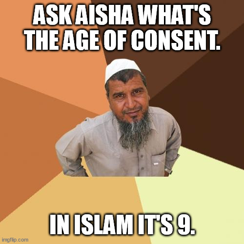 That's the true islam, not the faux and abridged version for black Americans with this so called "brotherhood". | ASK AISHA WHAT'S THE AGE OF CONSENT. IN ISLAM IT'S 9. | image tagged in memes,ordinary muslim man,islam,aisha,funny memes,funny | made w/ Imgflip meme maker