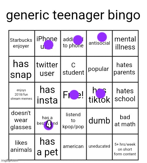 generic teenager bingo | 4 | image tagged in generic teenager bingo | made w/ Imgflip meme maker