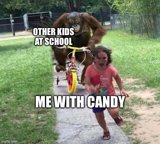 Better run fast | OTHER KIDS AT SCHOOL; ME WITH CANDY | image tagged in orangutan chasing kid on tricycle | made w/ Imgflip meme maker