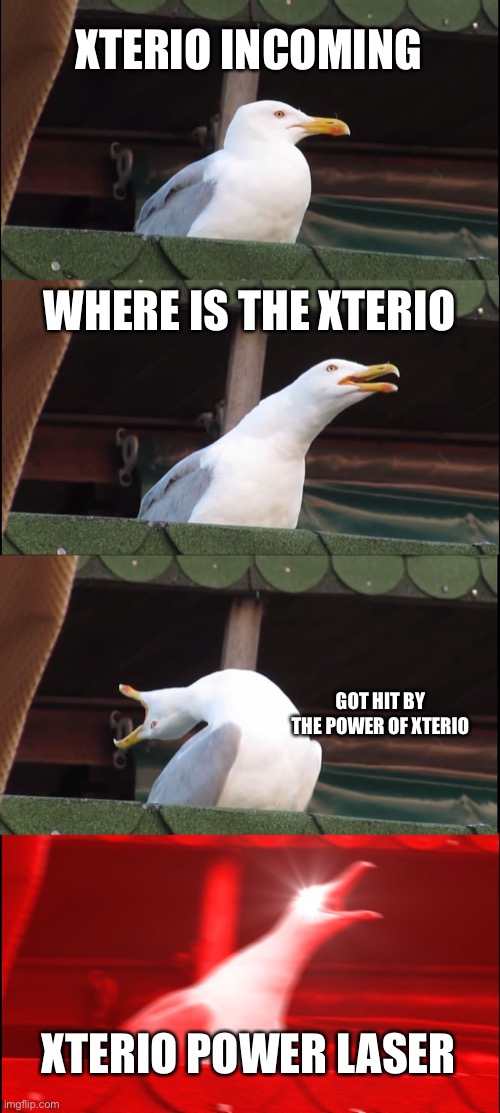 Xterio | XTERIO INCOMING; WHERE IS THE XTERIO; GOT HIT BY THE POWER OF XTERIO; XTERIO POWER LASER | image tagged in memes,inhaling seagull | made w/ Imgflip meme maker