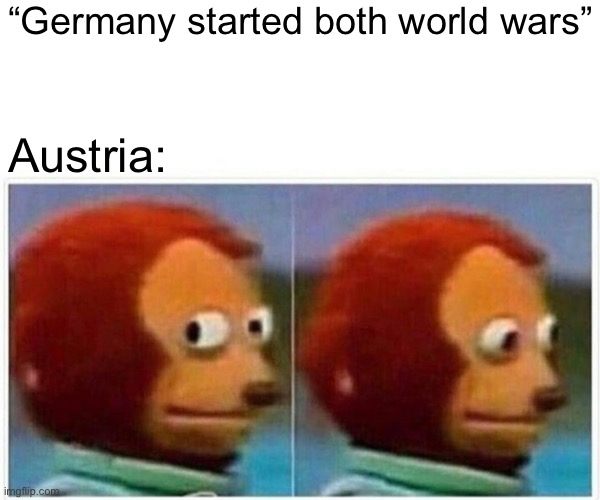 Austria | “Germany started both world wars”; Austria: | image tagged in memes,monkey puppet | made w/ Imgflip meme maker