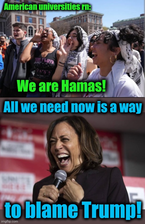 It's inevitable | American universities rn:; We are Hamas! All we need now is a way; to blame Trump! | image tagged in kamala laughing,memes,hamas,democrats,joe biden,terrorists | made w/ Imgflip meme maker