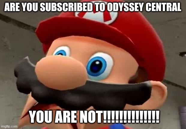 Mario WTF | ARE YOU SUBSCRIBED TO ODYSSEY CENTRAL; YOU ARE NOT!!!!!!!!!!!!!! | image tagged in mario wtf | made w/ Imgflip meme maker