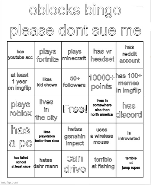 oblocks shitty bingo Blank Meme Template