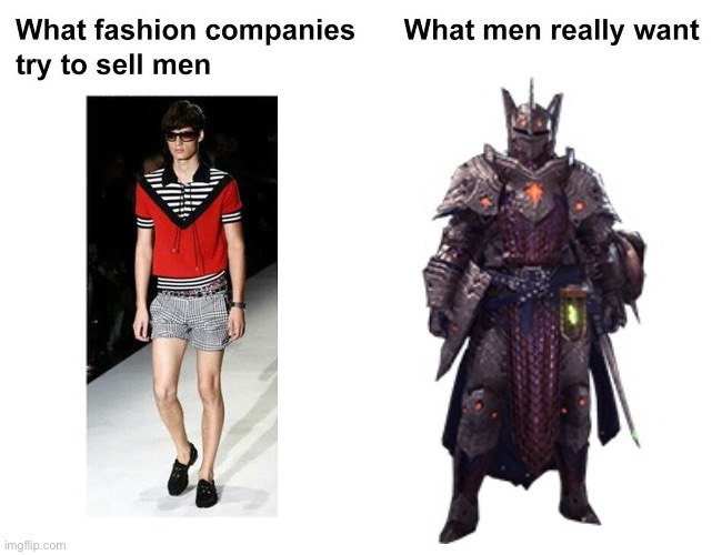 What fashion companies try to sell men vs. what men really want | image tagged in what fashion companies try to sell men vs what men really want,memes,monster hunter,gaming,shitpost,funny memes | made w/ Imgflip meme maker
