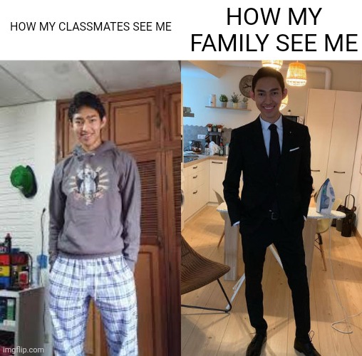 True? | HOW MY FAMILY SEE ME; HOW MY CLASSMATES SEE ME | image tagged in fernanfloo dresses,memes,relatable,funny,gifs | made w/ Imgflip meme maker