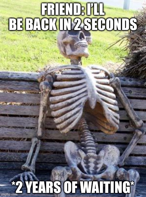 Waiting Skeleton Meme | FRIEND: I’LL BE BACK IN 2 SECONDS; *2 YEARS OF WAITING* | image tagged in memes,waiting skeleton | made w/ Imgflip meme maker