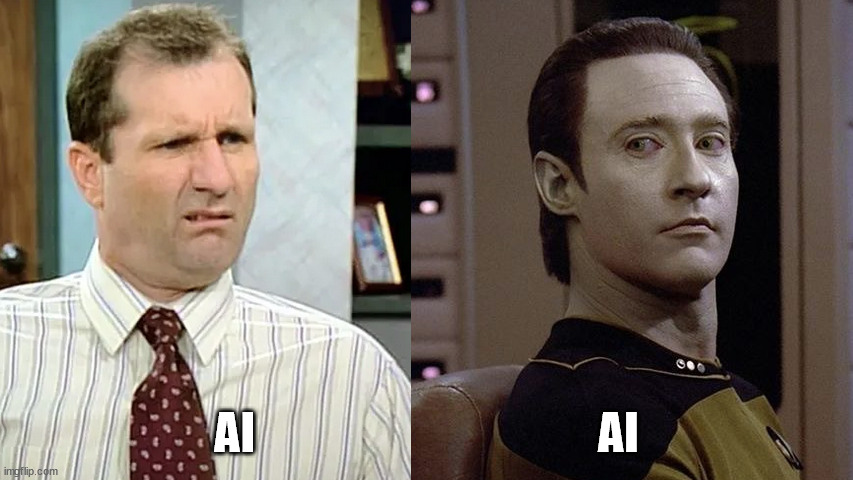 Al, AL, A l, A.I., A.I., lalalalala | AI                                       AI | image tagged in ed o'neill,brent spiner,artificial intelligence,80s tv,font problems | made w/ Imgflip meme maker